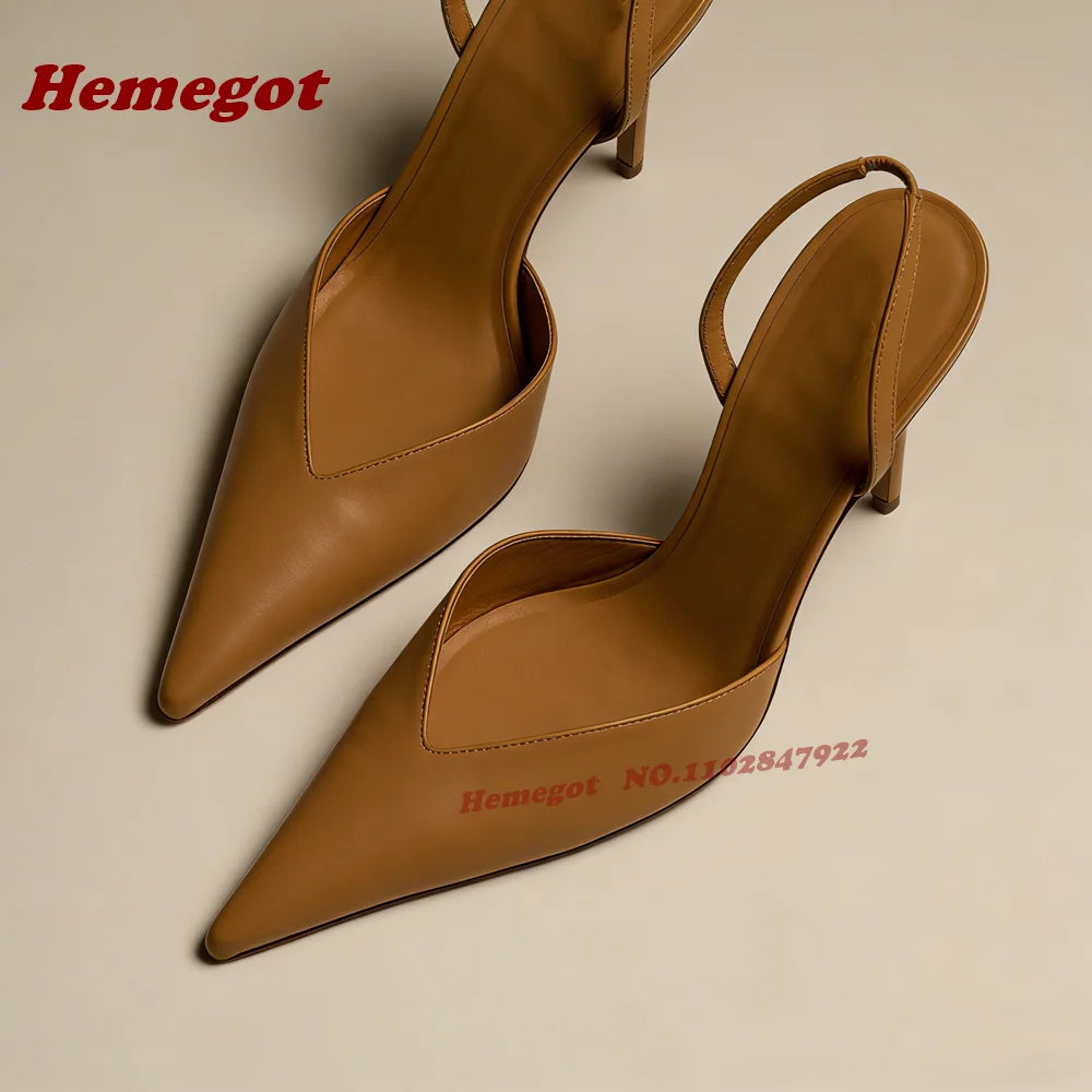 Brown V-Cut Slingback Pumps With Pointed Toe for Women