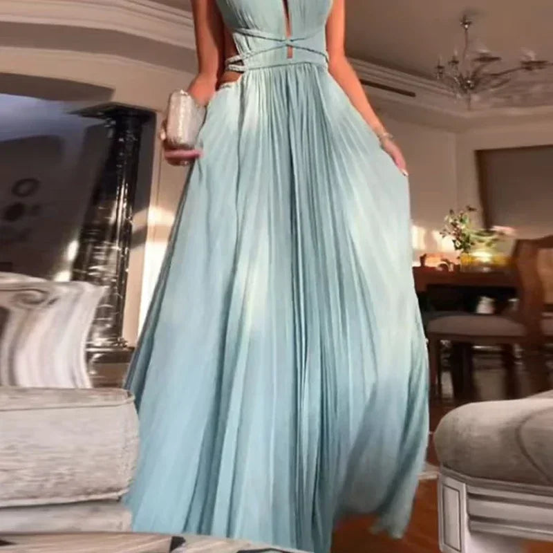 O-Neck High Waist Pleated Long Sleeveless Dress for Women