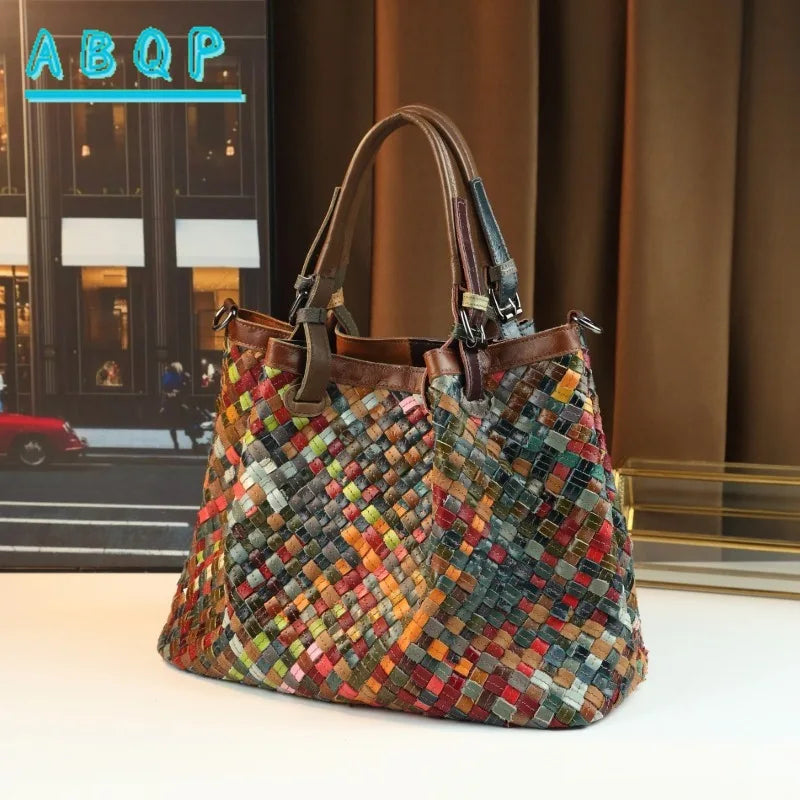 ABQP New Women's Handbag Made of Genuine Leather Hand Woven Women's Single Shoulder Crossbody Bag Color Spliced Women's Bag