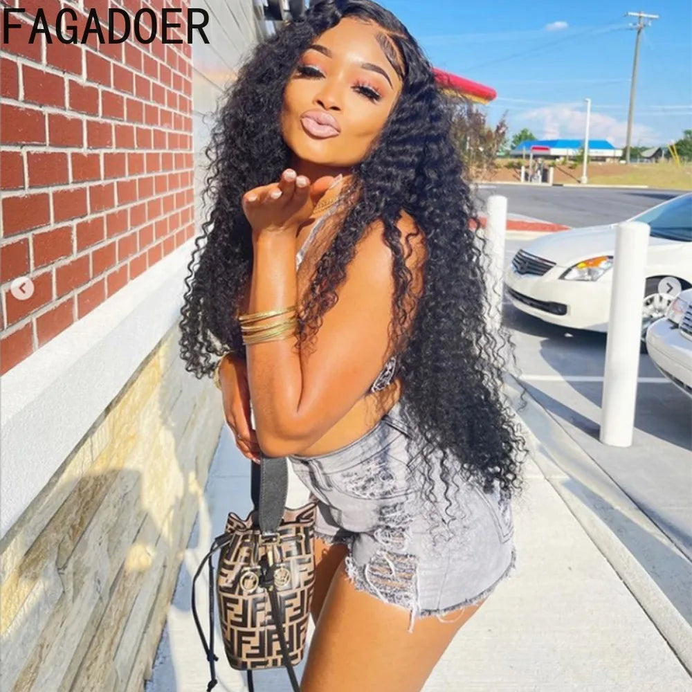 FAGADOER Gray Fashion Street Style Women High Waisted Button Denim Shorts Casual Female Solid Color Hole Matching Bottoms 2023