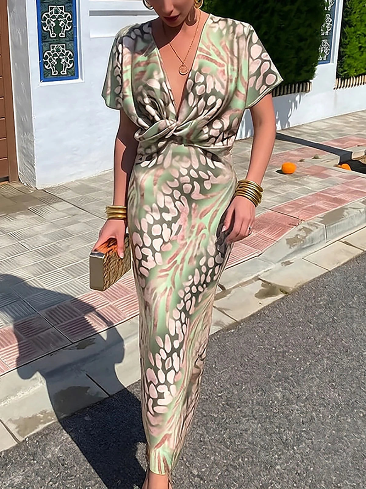 Elegant Satin Leopard Print Bodycon Maxi Dress For Women