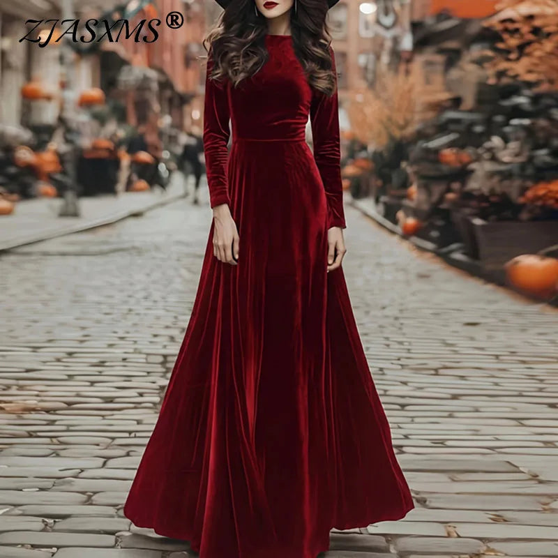 Elegant Velvet Long Sleeve A Line Maxi Dress for Women