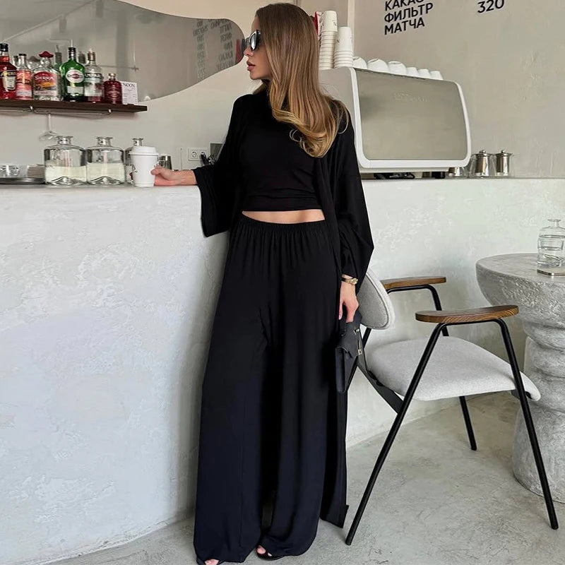 Casual Three Piece Shirt, Coat And Wide Leg Pants Set for Women