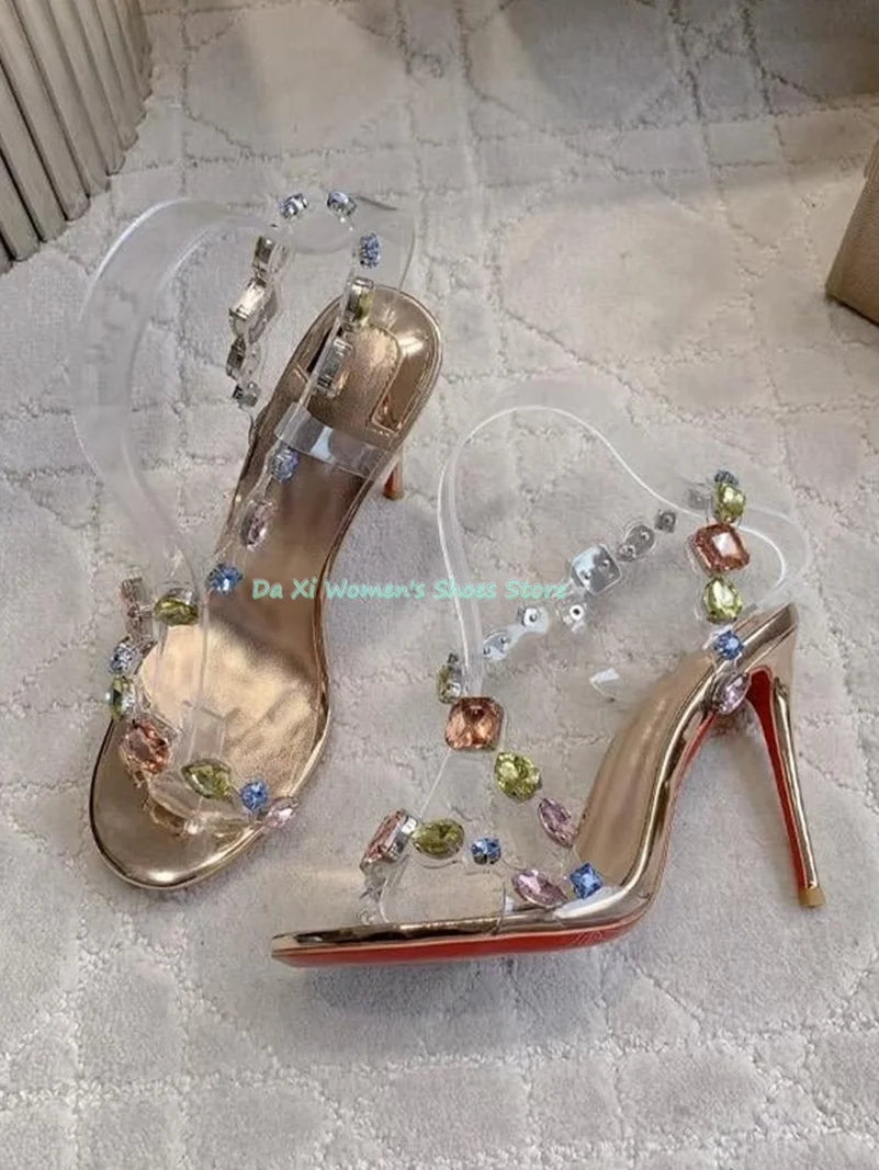 Gemstone Embellished Stiletto Sandals With Buckle Strap For Women