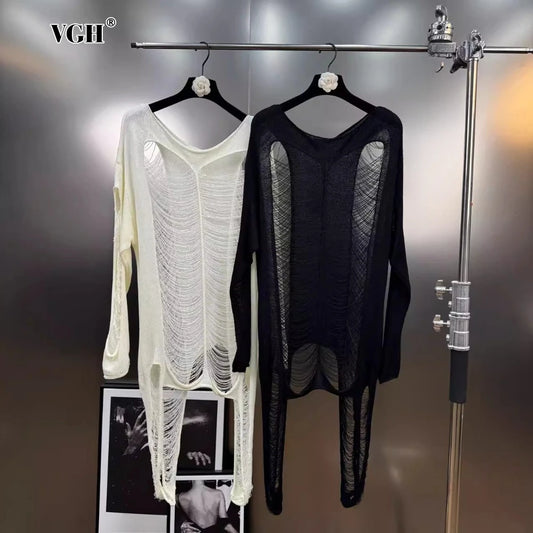 VGH Streetwear Spliced Hollow Out Summer Knitwear for Women Round Neck Long Sleeve Patchwork Asymmetrical Designer Tees Female