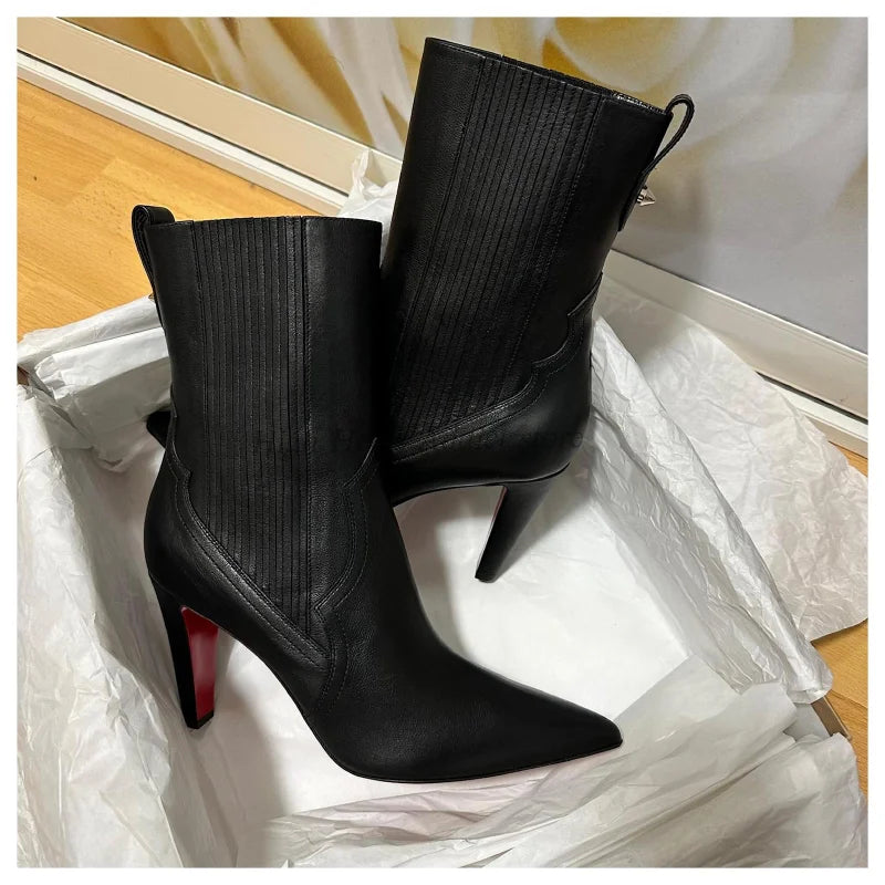 Side Zip Suede Pointy Toe Square Heel Ankle Boots For Women
