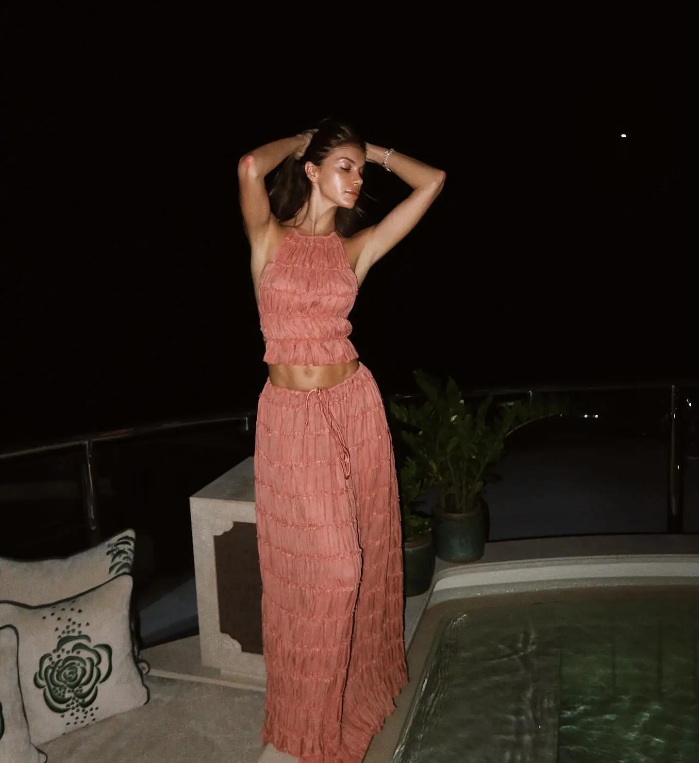Chic Ruffle Long Skirt 2-piece Set Women Fashion Slim Fit Backless Sleeveless Elastic Halter Vest Suits 2025 Summer Y2k Outfits