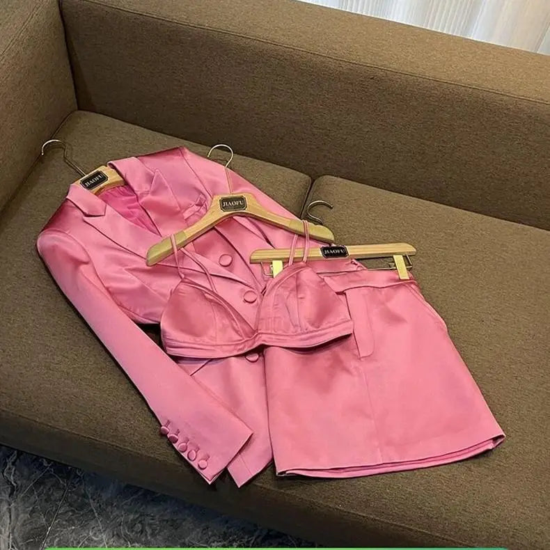 Elegant Pink Long Sleeve Blazer And Short Skirt Set For Women