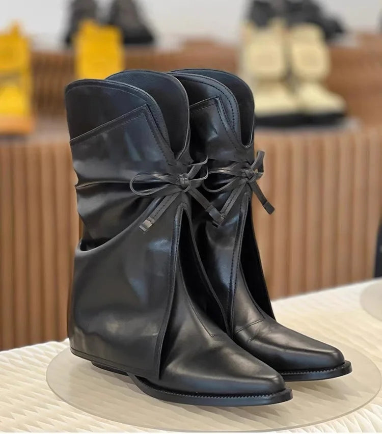 Pointed Bowknot Mid Calf Western Cowboy Boots for Women