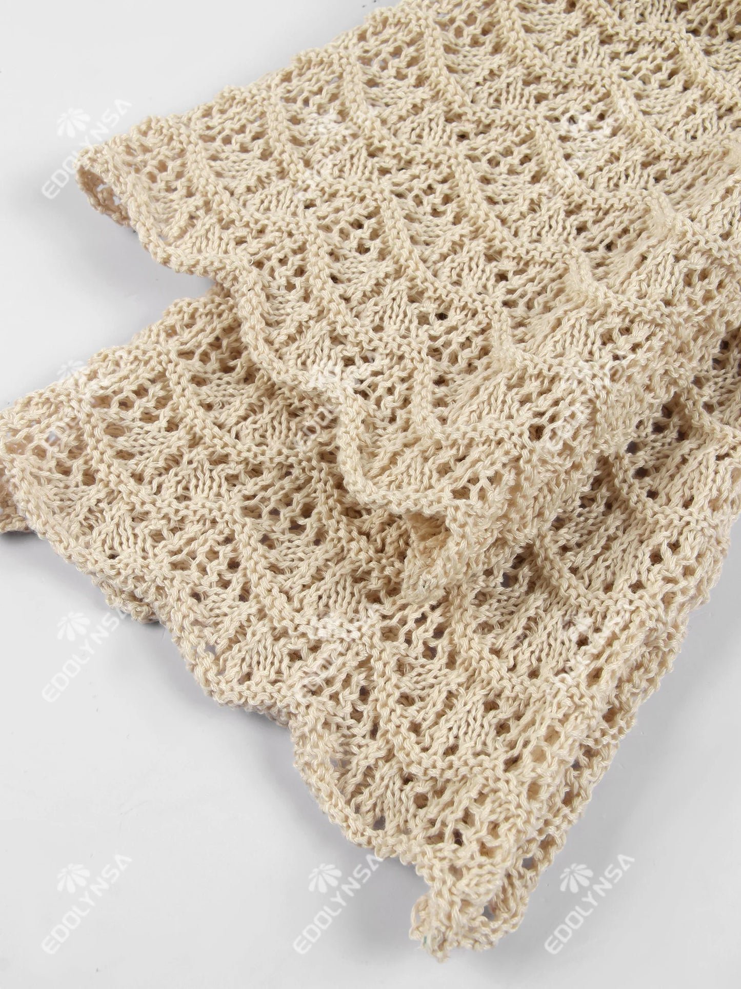 Sexy Shirt V-neck Bell Sleeve Hollow Out Knitted Belted Beach Mini Dress 2025 Summer Swimsuit Cover Up Women's Casual Outfit K16