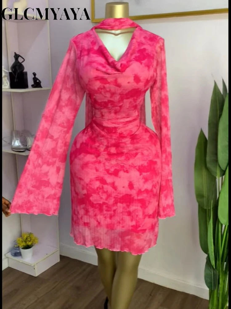 CM.YAYA Women Tie Dye Lace Up Back with Scarf Bodycon Midi Long Sleeve Pleated Maxi Dress Party Education Vacation Long Dresses