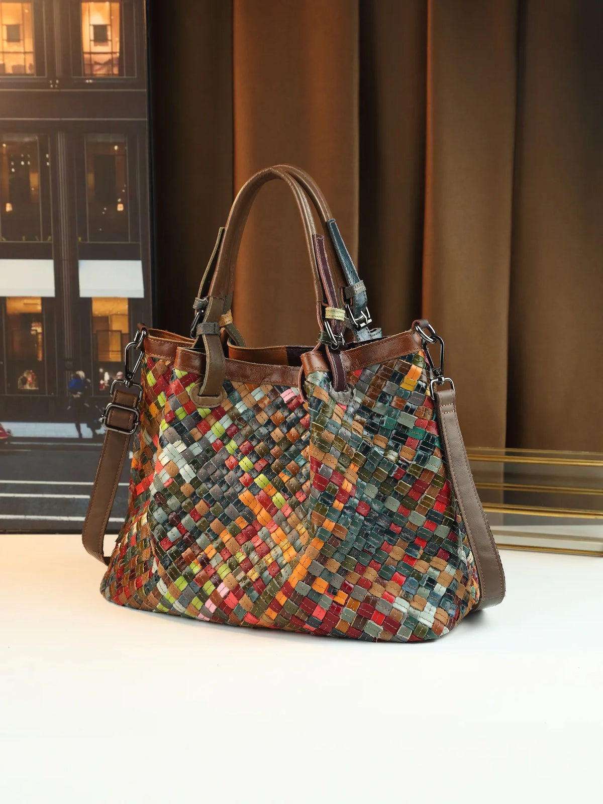 ABQP New Women's Handbag Made of Genuine Leather Hand Woven Women's Single Shoulder Crossbody Bag Color Spliced Women's Bag