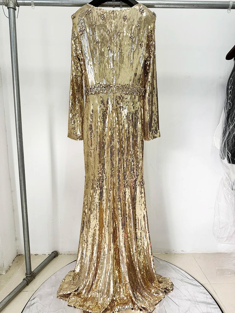 HIGH STREET Newest Fashion 2026 Designer Party Vestido Women's Long Sleeve Gold Sequined Diamonds Long Maxi Dress