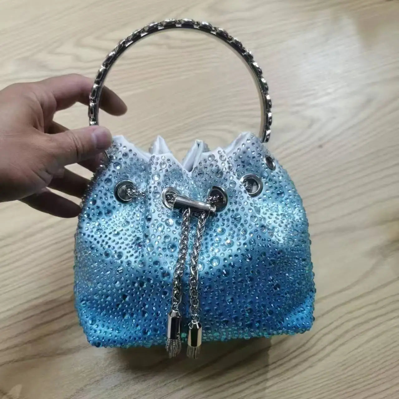 Crystal Shiny Diamonds Bucket Bag Fashion Women Handbag Metal Ring Handle Evening Bag Wedding Party Clutch Purse Crossbody Bag