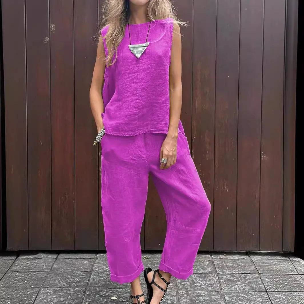 Casual Solid Color Tank Top and Pant Set for Women