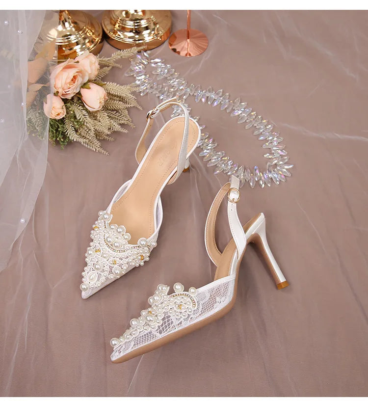 Lace Pearl Beaded Pointed Toe Stiletto Heels for Women
