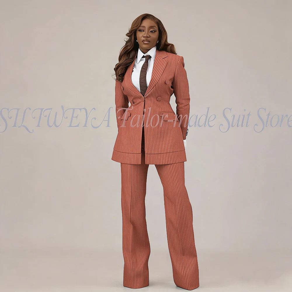 Slim Fit Brown Striped Blazer Set With Pants For Women