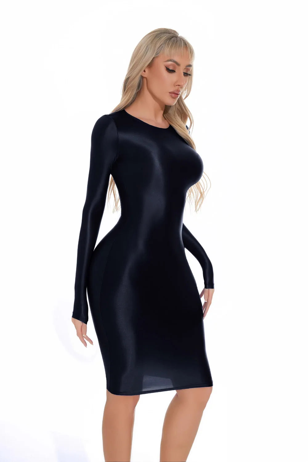 Shiny Long Sleeve Fitted Bodycon Midi Dress for Women