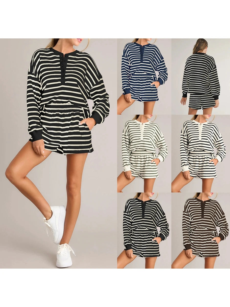 Women'S Striped Long Sleeved Shorts Set Long Sleeved T-Shirt With Elastic Waist Shorts Spring and Autumn Sports Set