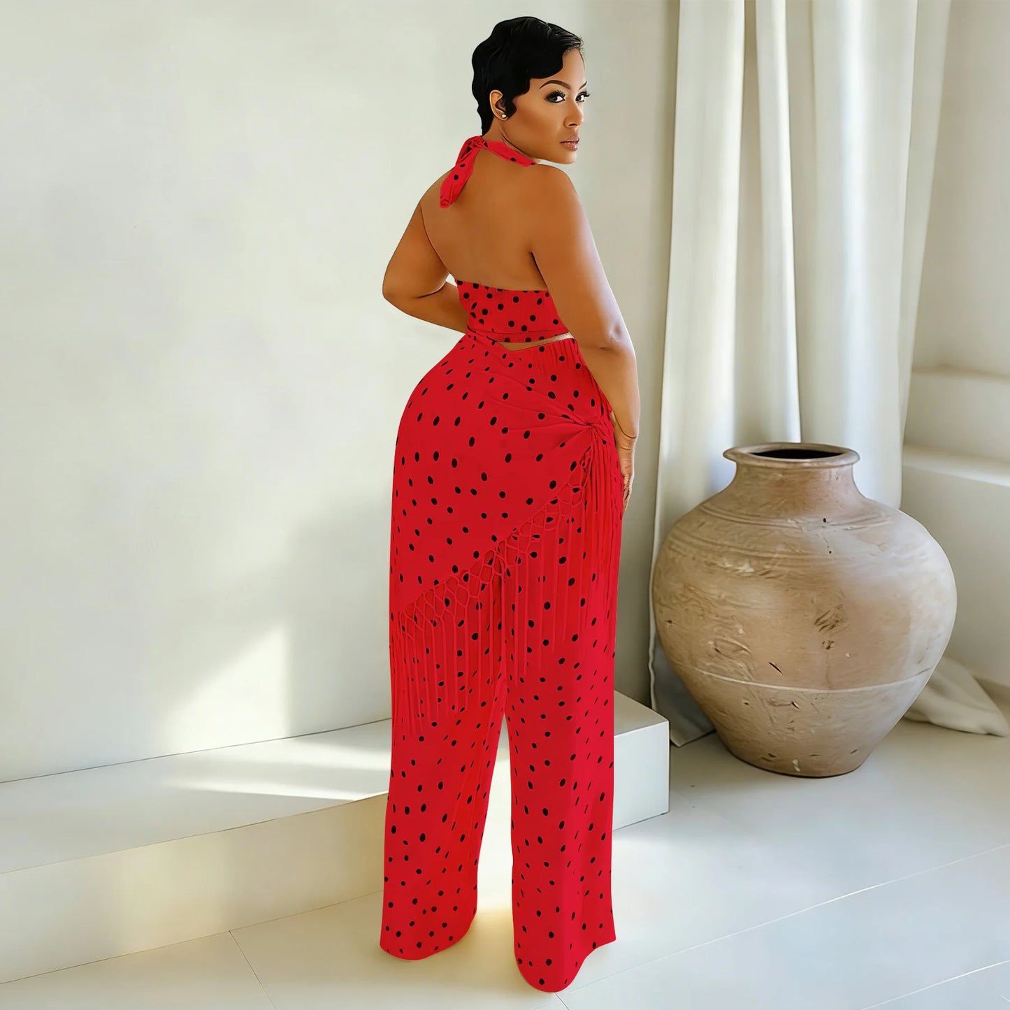Polka Dot Print Halter Crop Top Tassel Fringe Two Piece Outfit for Women