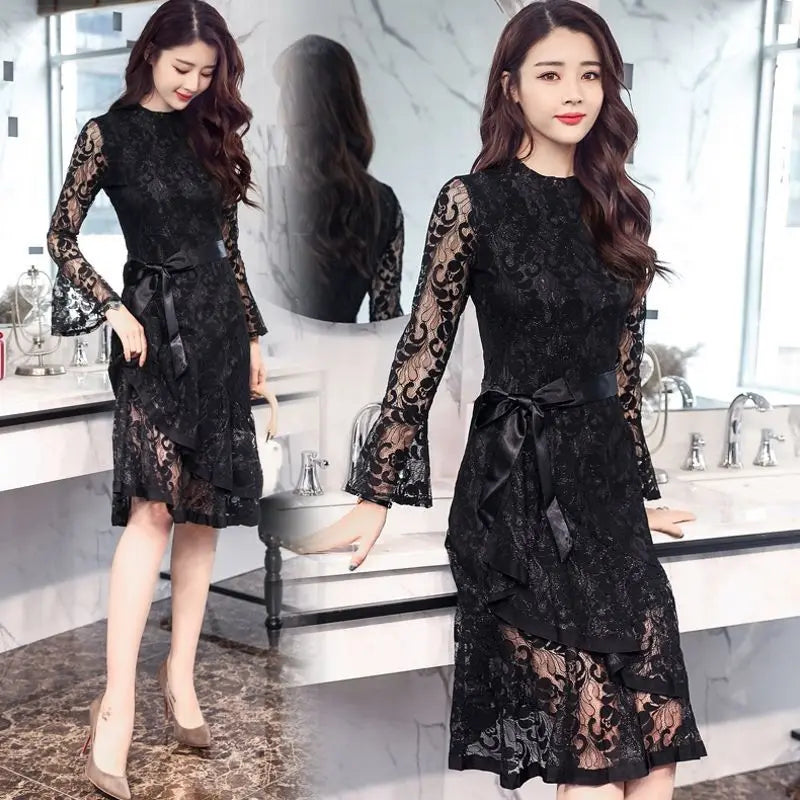 Midi Party Tight Women's Long Sleeve Lace Dresses Bodycon Prom Female Dress Corset Black Evening Elegant and Pretty Kpop Elastic