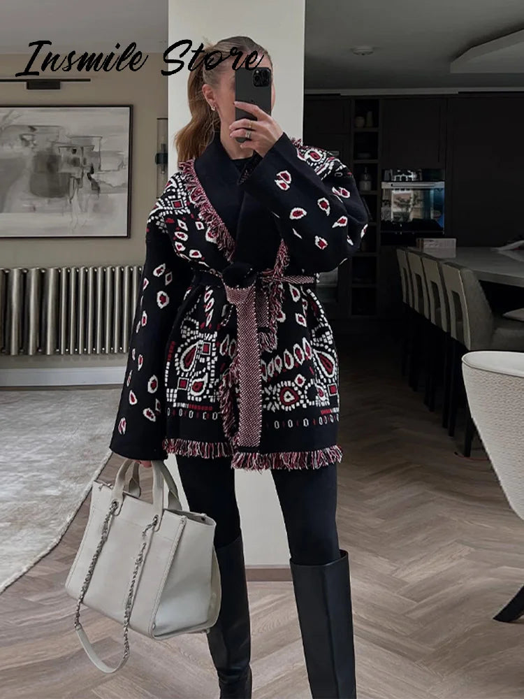 Casual Tassel Knit Open Front Long Cardigan for Women