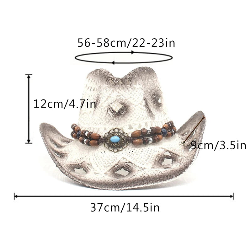 Creative Curled Straw Ethnic Beaded Chain Cowboy Hat for Women