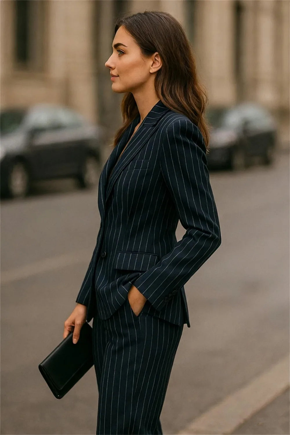 Dark Navy Blue Pinstripe Women's Pinstripe Women's Suit 3 Pcs Elegant Business Party Wear Chic Office Wear (Blazer+Vest+Trousers