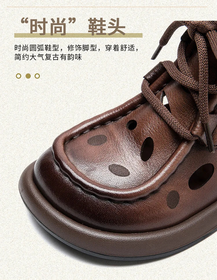 Breathable Hollow-Out Genuine Leather Ankle Boots for Women