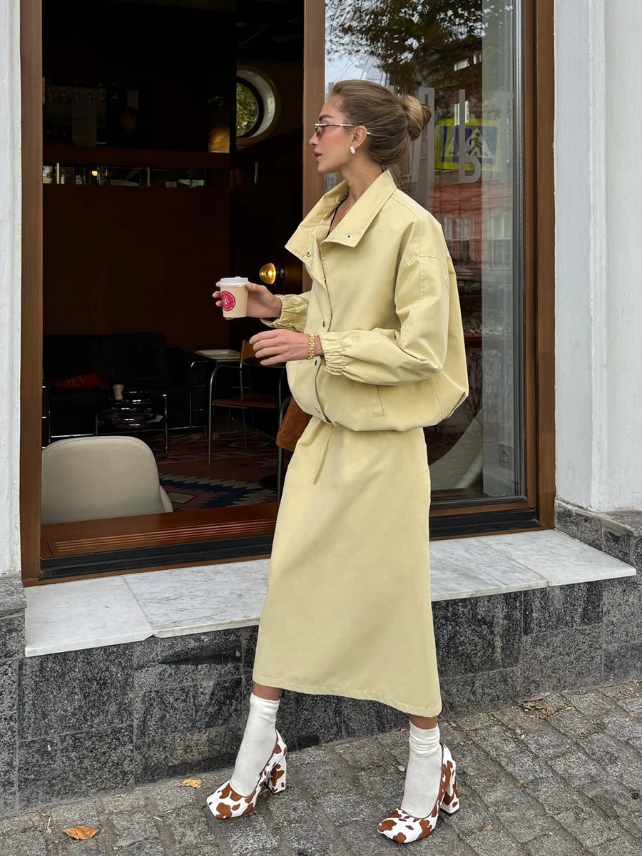 Elegant Button Front Two Piece Skirt Set For Women