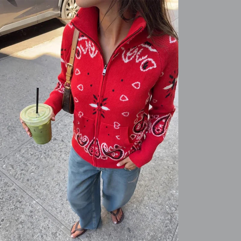 Gray Jacquard Knit Loose Cardigan Long Sleeve Casual for Women
