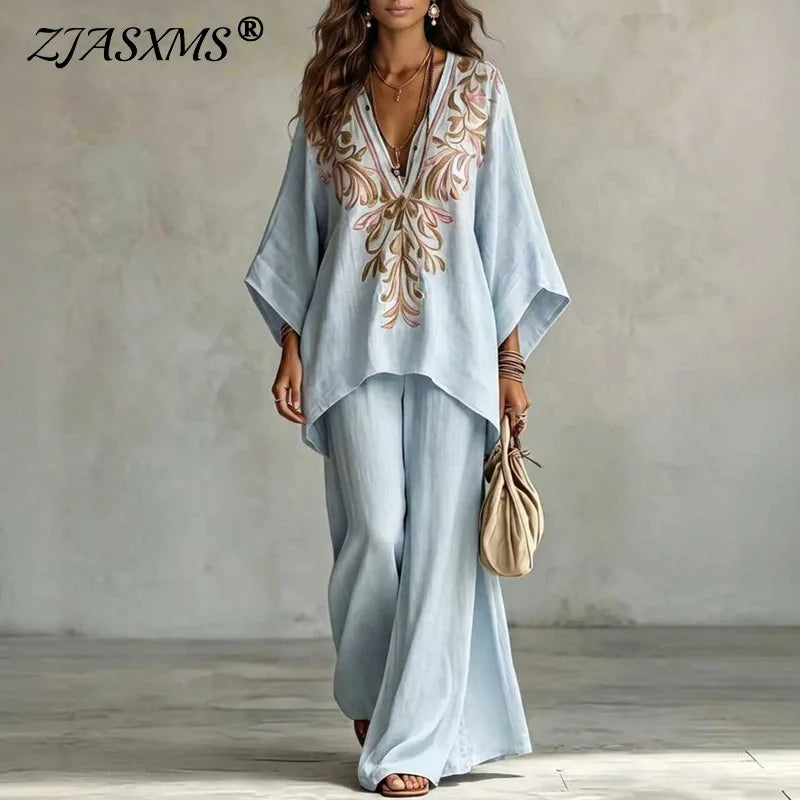 Boho Embroidered Blouse and Wide Leg Pants Set for Women