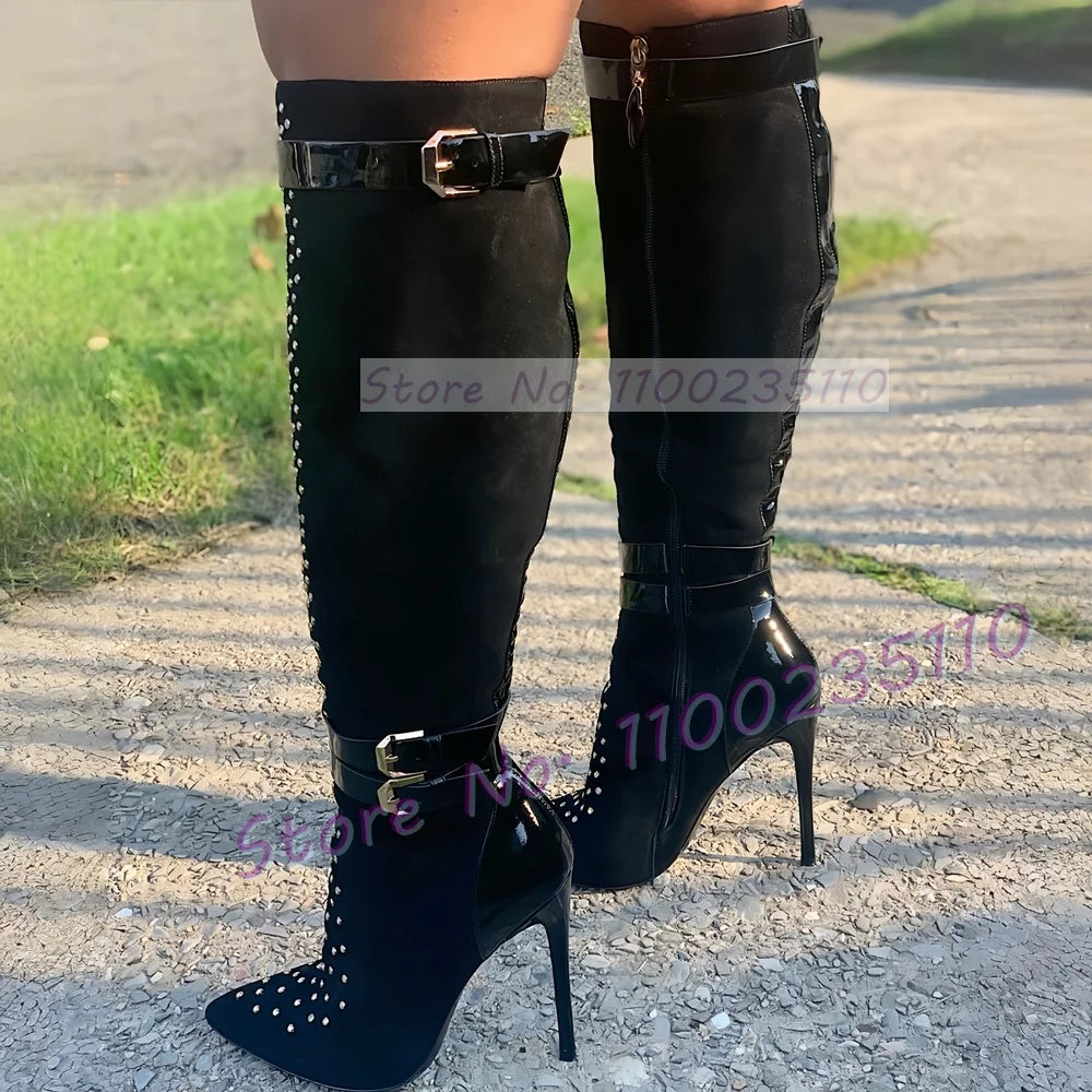 Crystal Embellished Pointed Toe Knee High Boots For Women
