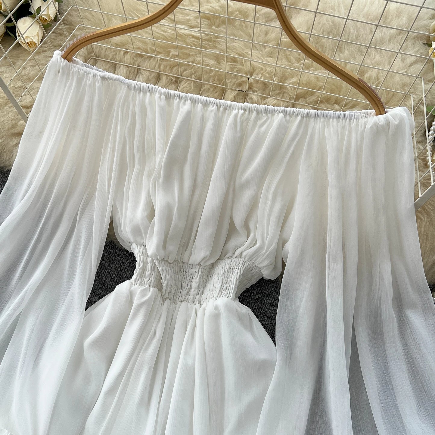 Off-Shoulder Pleated Satin Maxi Dress