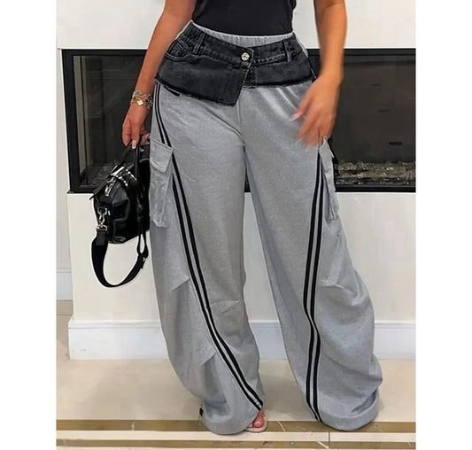 Women's Denim Patchwork Pockets Cargo Pants Side Stripes Wide Leg Casual Streetwear Sweatpants Sports Wear