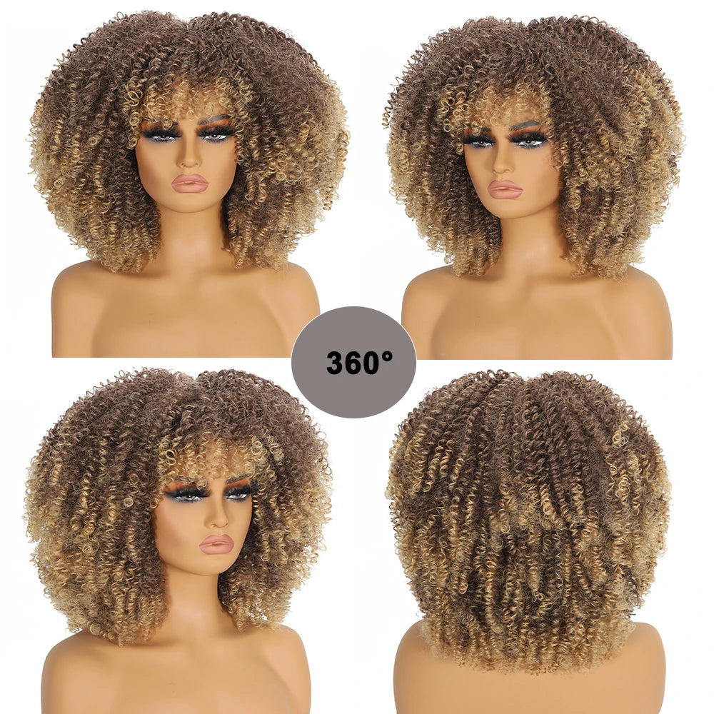 Soft Short Fluffy Afro Curly Wig With Bangs For Women