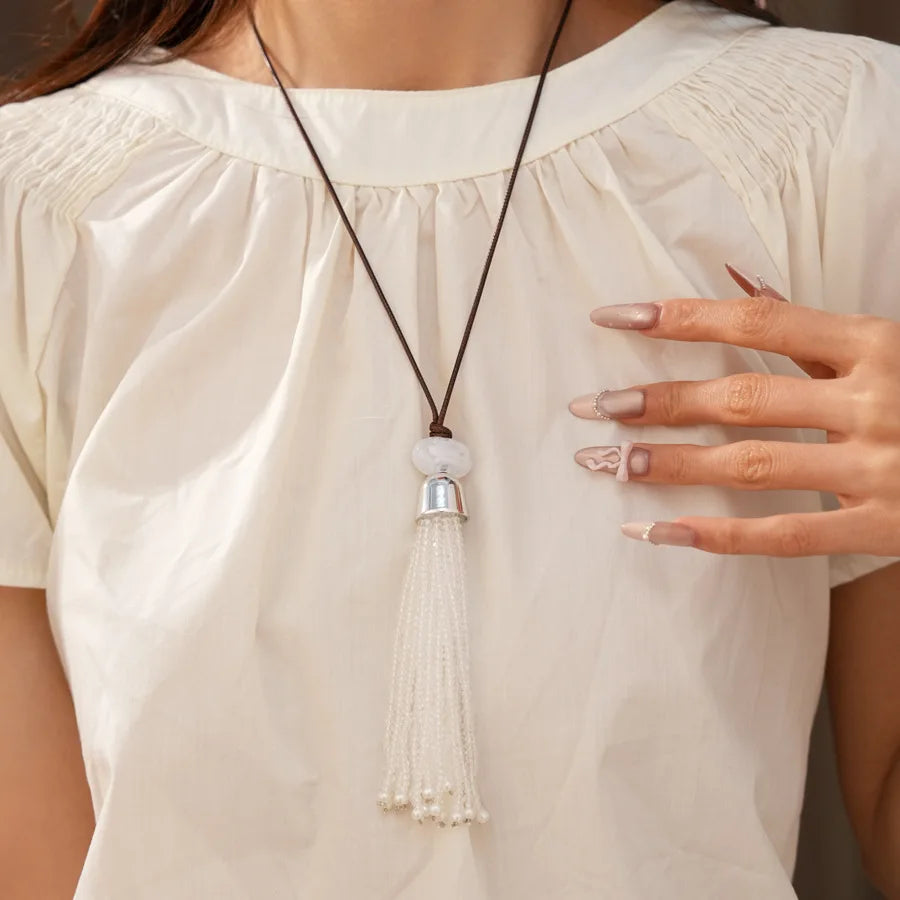 Glass Beaded Tassel Pendant Necklace