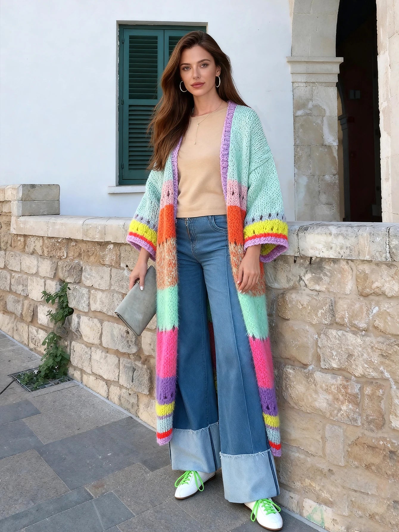 Boho Luxuriously Handknit Bell Sleeve Crochet Loose Knit Sweater Kimono Cardigan Women Fall Winter Coat Beach Coverup Dress K292