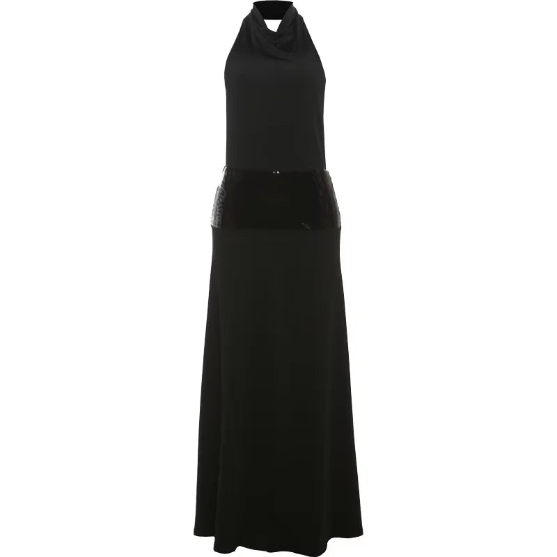 Sisterlinda Backless Fashion Dresses Elegant Halter Patchwork Draped Maxi Bodycon Female Solid Simple Evening Party Frock New