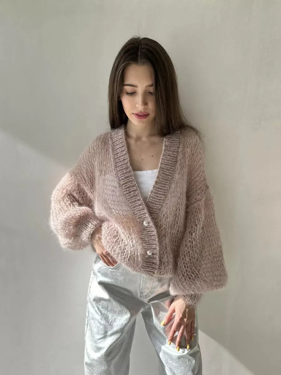Loose Fit Open Knit V Neck Cardigan Sweater for Women