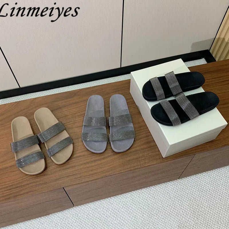 Cow Suede Bead Chain Narrow Strap Slippers for Women