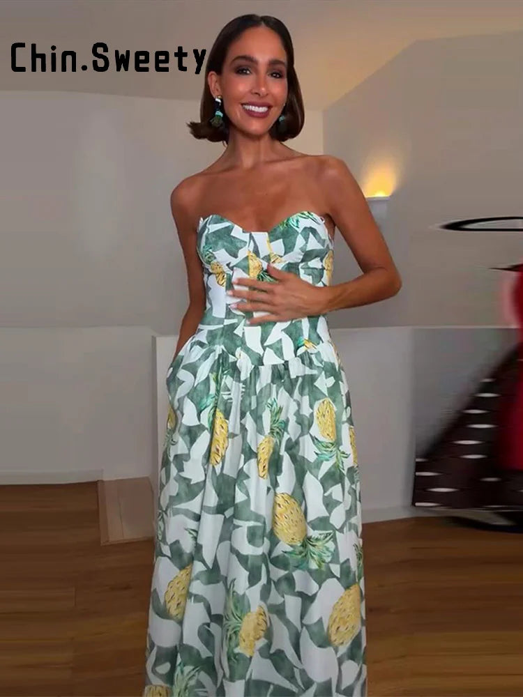 Printed Strapless Long Backless Dress With Pockets For Women