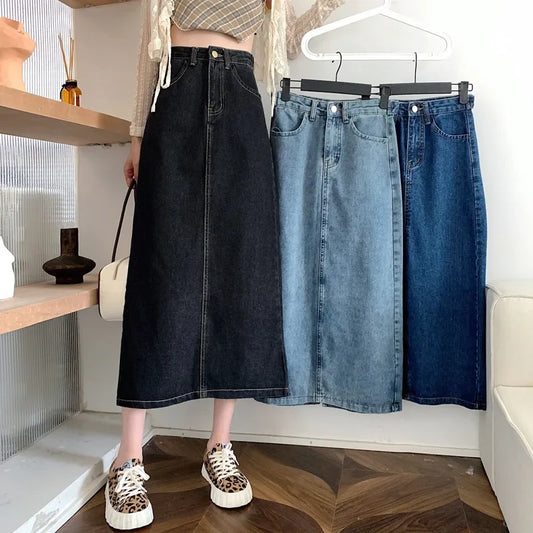 New 2022 Spring-Autumn Medium-Length Denim Skirt For Women High-Waisted Slimming Plus Size Curvy Girls A- Line Hip Covering Skir