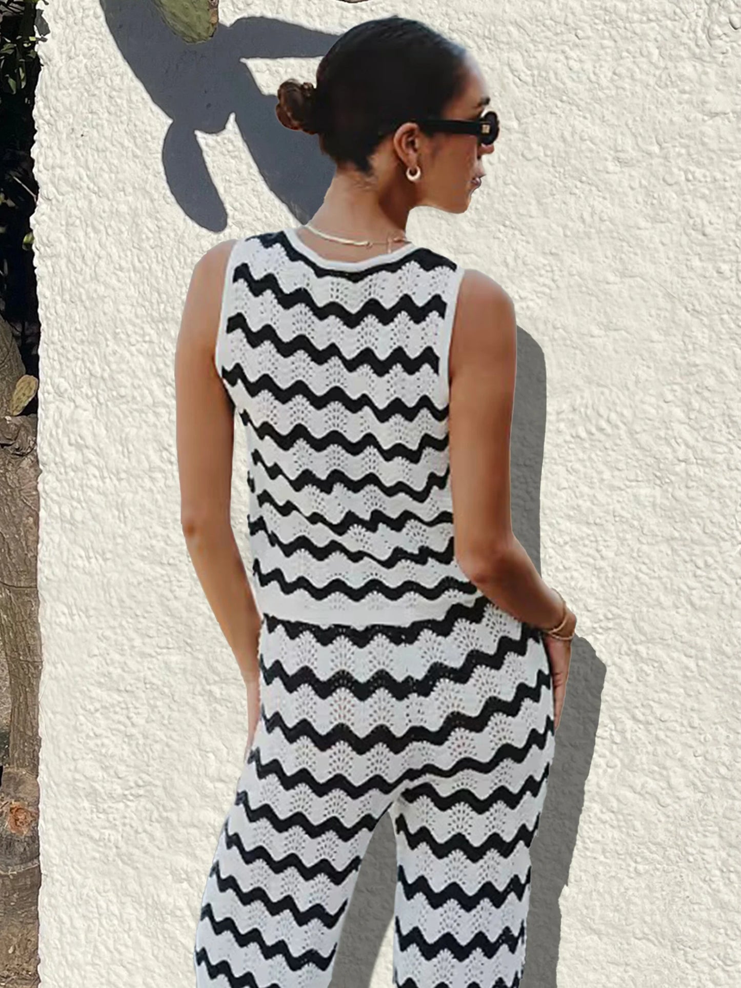 2025 Wave Striped Knit 2 Piece-Set Women's Fashion Top Lace-up Long Pant Knitwear Sets Holiday Swimsuit Cover Up Outfits K130