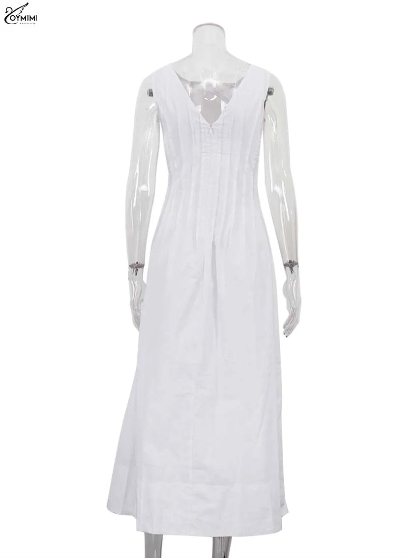 Oymimi Casual White Cotton Womens Dresses Fashion O-Neck Sleeveless Solid Dresses Elegant Open Back Ankle-Length Dress Female