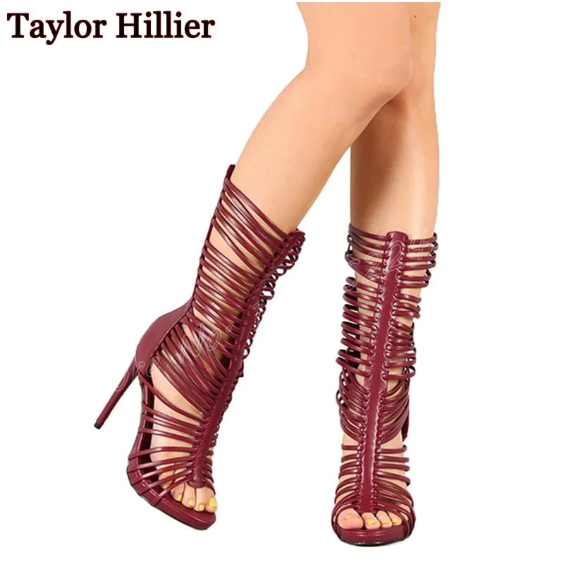 Hollow Tassel Open Toe Stiletto Mid-Calf Boots for Women