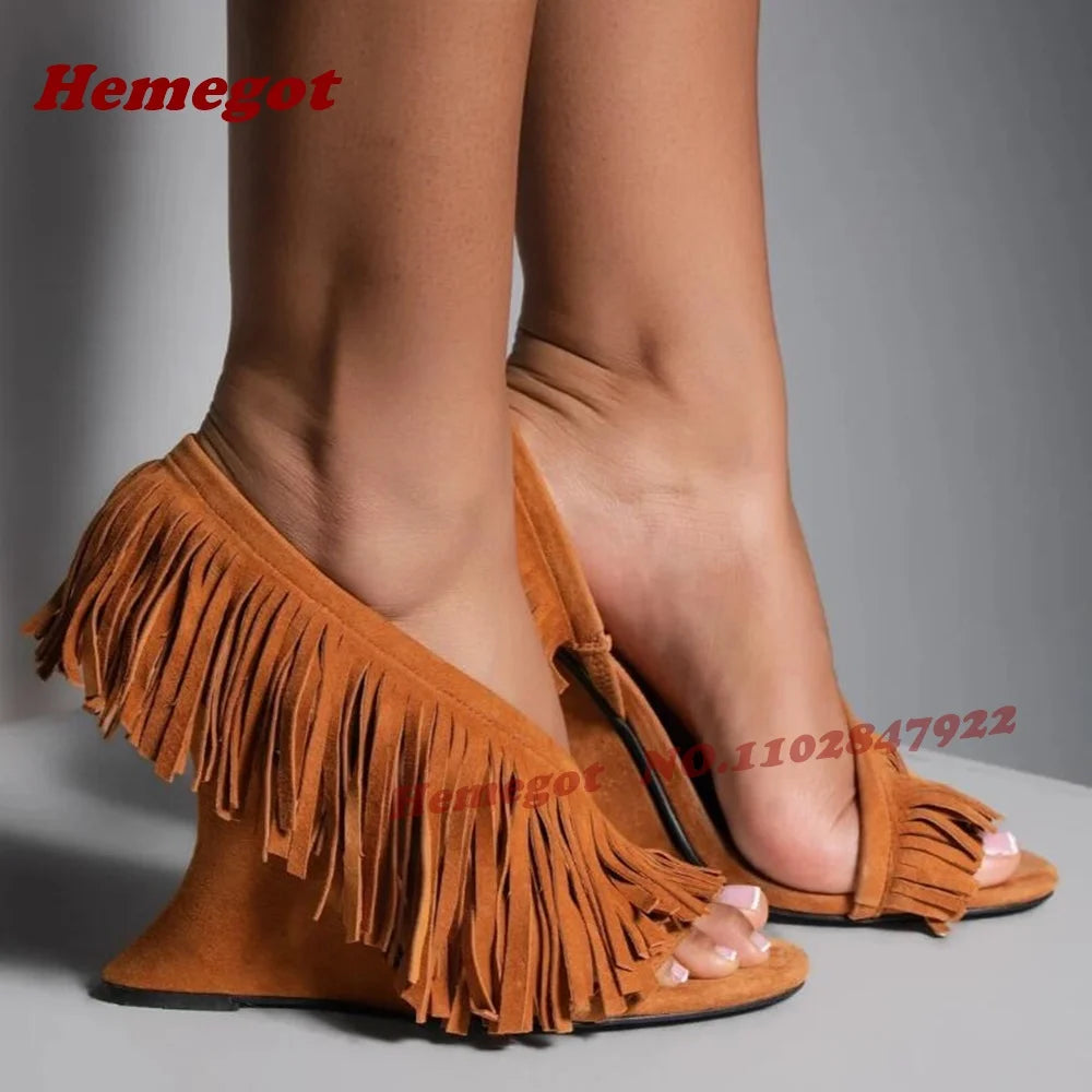 Fringe Tassel Slingback Open Toe Wedge Sandals for Women