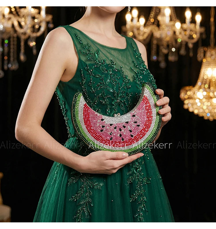 Moon Shaped Diamond Evening Bag with Watermelon Rhinestones for Women