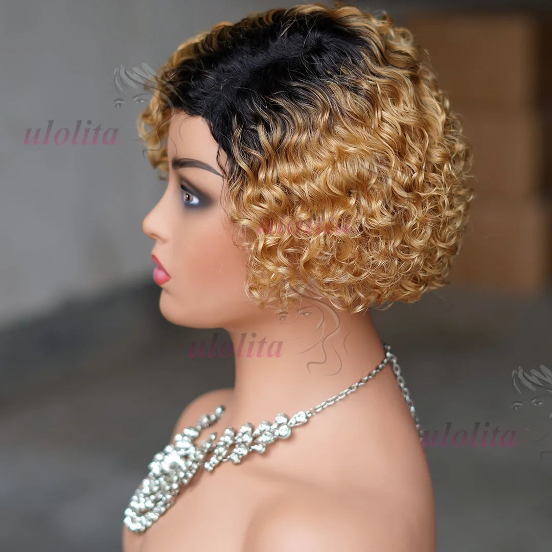 Ombre Pixie Cut Curly Bob Human Hair Wig for Women
