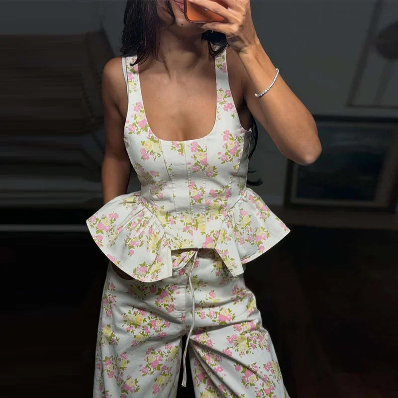 Urban Printed Vest and Wide Leg Pants Two Piece Set for Women
